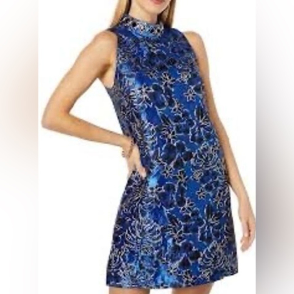 Lilly Pulitzer Brandi embroiled texture gold and navy dress embellished sz 8